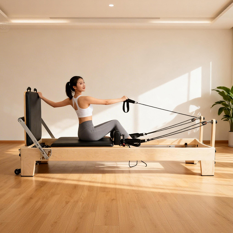 Yoga Fitness Pilates Reformer - ホワイトメープル製ポータブル調整可能ピラティスリフォーマー、高級商用グレード木製ヨガフィットネスマシン、精密スプリング、健康用