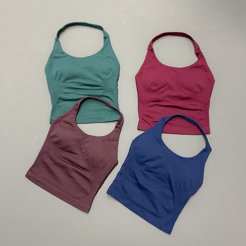 Yoga Fitness Tapis - 女性用ホルターネックスポーツトップ シームレスヨガタンクトップ 内蔵パッド入り 高弾性スリムフィット ジムワークアウト フィットネス