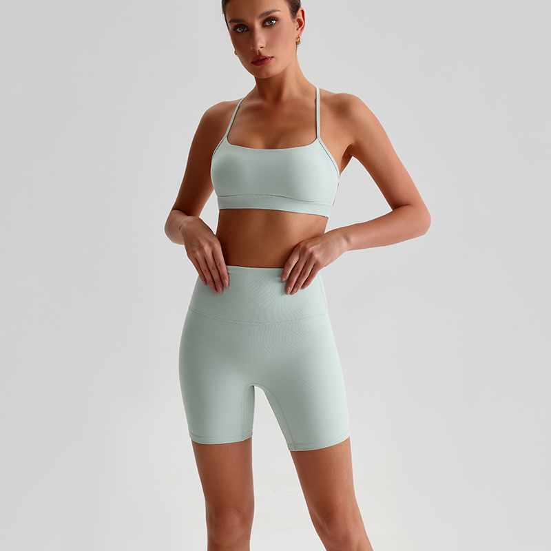 Yoga Fitness Kleidung - ソリッドカラーのハイインパクトソリッドジムヨガセットタイトレギンスフィットネスクロスバックストラップブラトップ 2 個ソフトスポーツスーツ女性スポーツウェア
